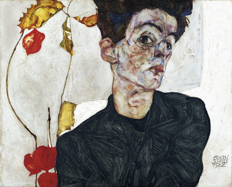 Self-Portrait with Chinese Lantern Plant by Egon Schiele